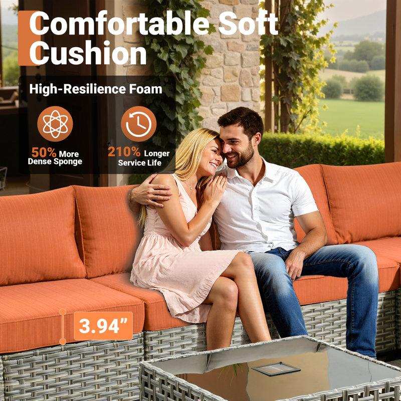 Wahkon Wicker/rattan 5 - Person Wicker Sectional Seating Group with Lighted Coffee Table, Modern Modular Outdoor Conversation Set with Cushions