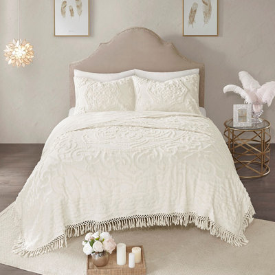 King/ King Cotton Chenille Medallion Fringe Coverlet In Exquisite Shabby Chic Coverlet, Ravishing