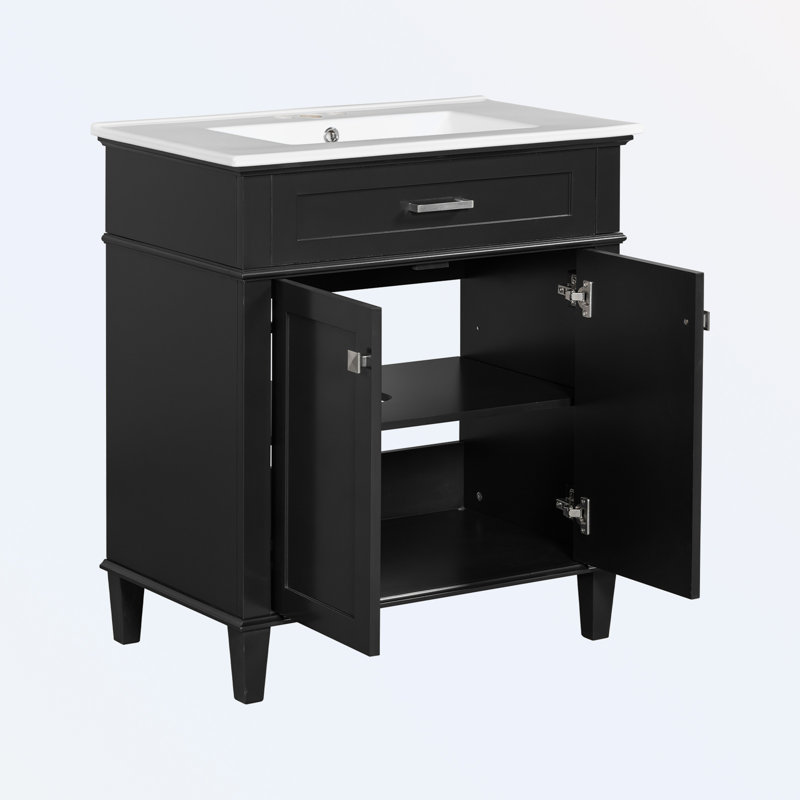 Meuble-lavabo avec lavabo en céramique et tablettes réglables, Noir, noir, noir, noir