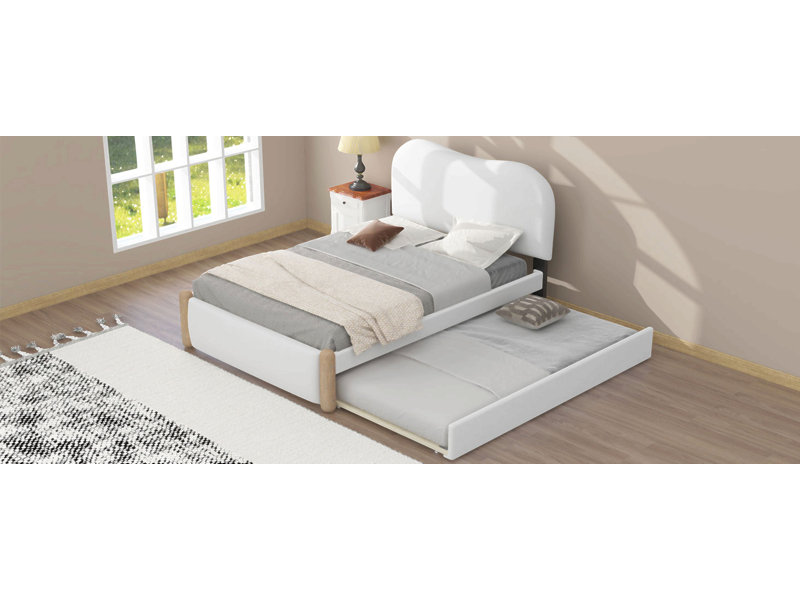 Lit plateforme tapissier avec pieds de support en bois et lit gigogne simple, Lit simple
