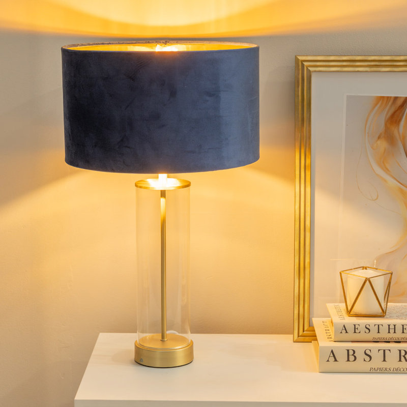 Ahedo Glass with Table Lamp and Velvet with Metallic Inner Lamp Shade and LED Bulb, No, Clear/Gold Base/Blue Shade