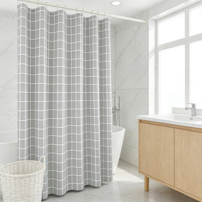 Modern Farmhouse Shower Curtain, Faux Linen Textured Grid Plaid Design, Heavyweight Polyester Fabric, Machine Washable, 70X72 Inches For Standard Bathrooms