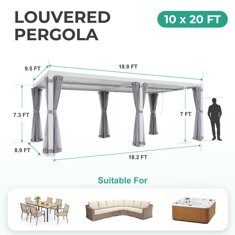 Pergola à persiennes Aurestead, pergola réglable en aluminium avec toits à persiennes indépendants, rideaux et moustiquaire