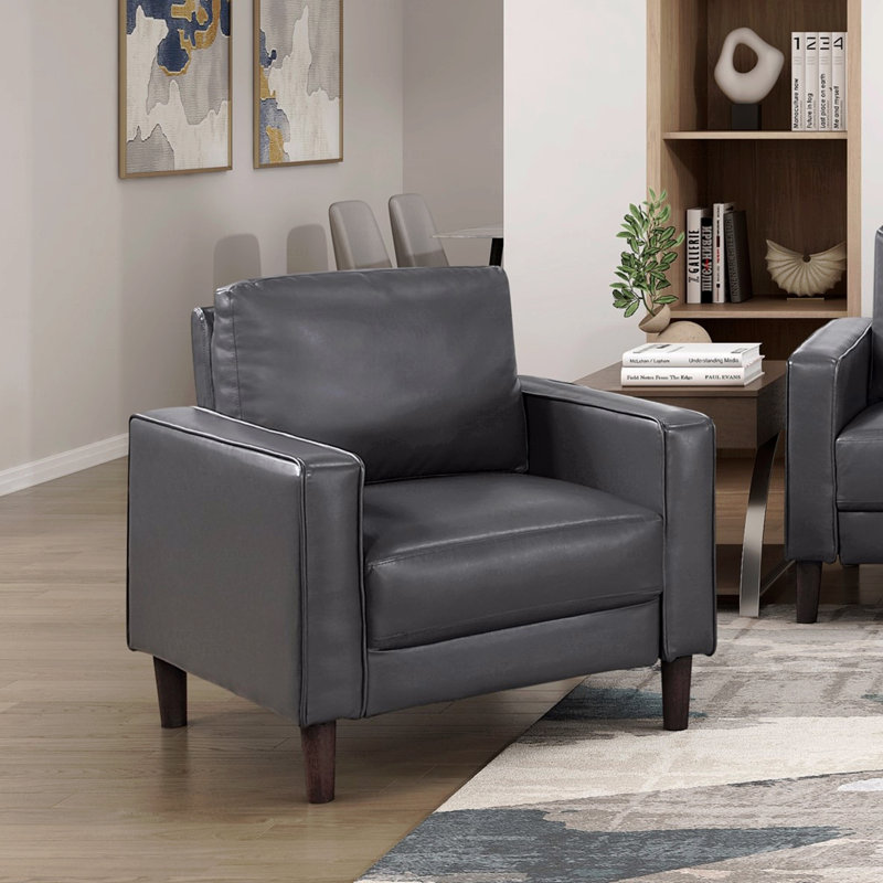 Fauteuil rembourré en similicuir de style moderne de style moderne gris foncé avec dossier confortable et dossier en bois massif 1pc