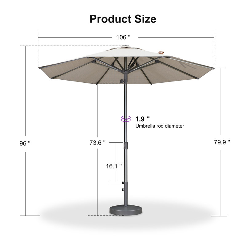Parasol de marché rond semi-automatique 9 pi, pôle argenté, de luxe, pour terrasse, beige, Beige, L 106 po x P 96 po