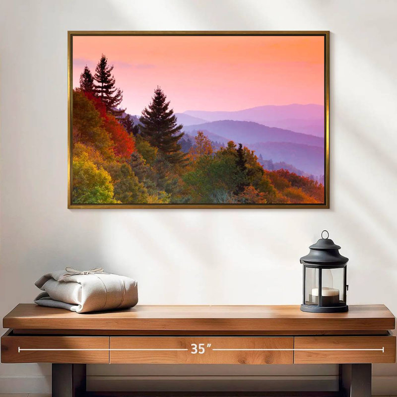 Automne lever de soleil, 25 po x 17 po, Cadre flottant doré
