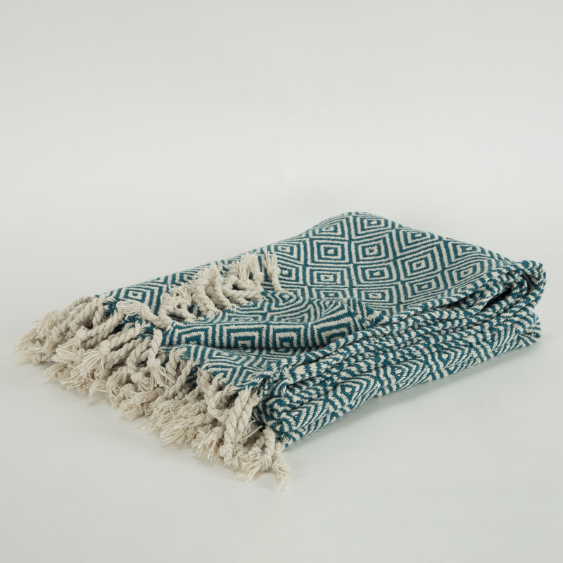 Teal and Natural Cotton Geometric Throw Blanket with Fringed Edge