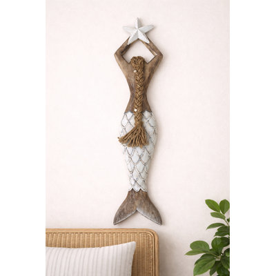 Wooden Mermaid Wall Sculpture with Star – Coastal Nautical Wall Décor, Handcrafted - X Large 40"