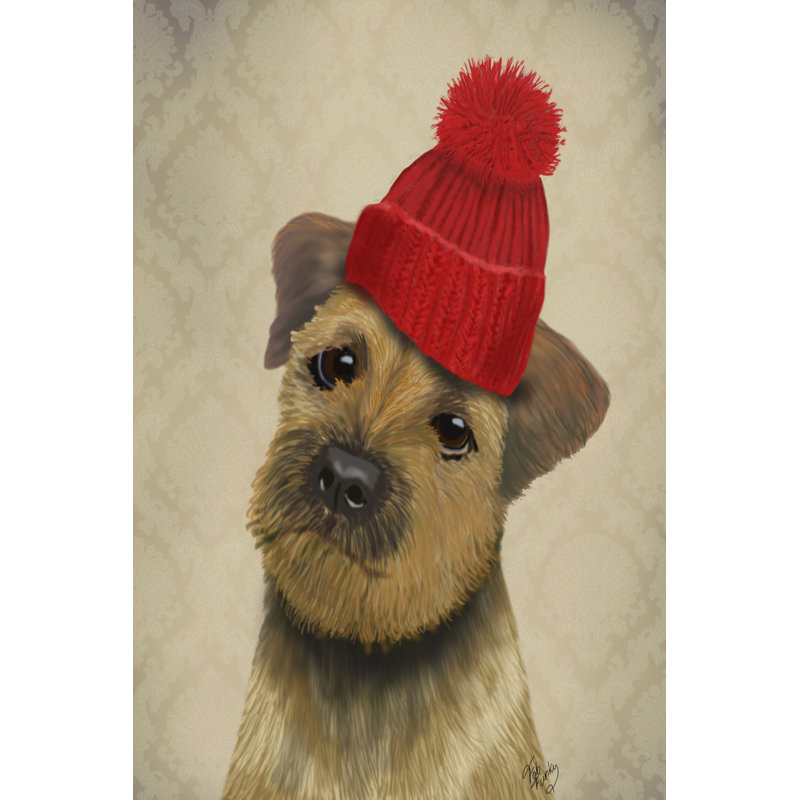 Border Terrier With Red Bobble Hat by Fab Funky - Wrapped Canvas Print, 91cm H x 61cm W
