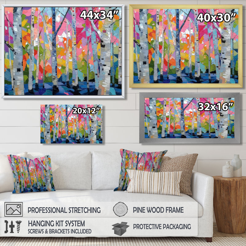 «Pink Orange Vibrant Birch Forest», impression d'art sur toile rose nature, H 28 po x l 60 po, Toile tendue