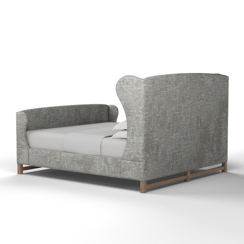 Herbert Upholstered Wingback Bed, Queen, Crushed Velvet Silver Streak, Weathered
