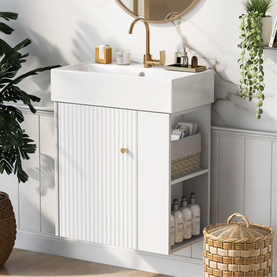 21.6Inch Modern Floating Bathroom Vanity With Ceramic Basin - Perfect For Small Bathrooms, Right Side Storage
