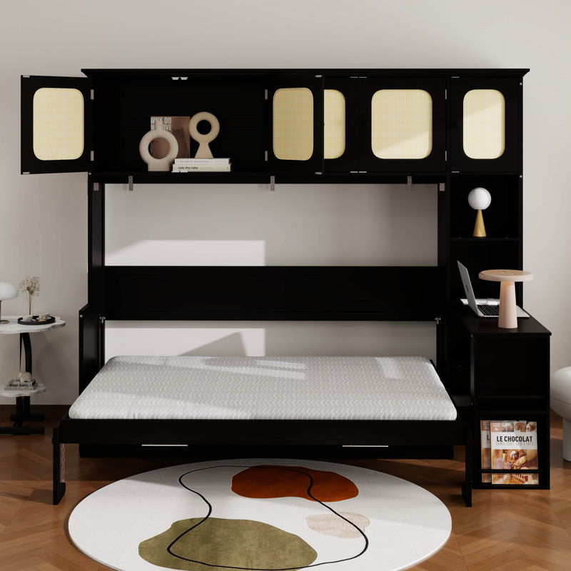 Lit escamotable horizontal avec bureau et armoires en rotin, cadre de lit mural pliant en bois pour bureau à domicile, Noir