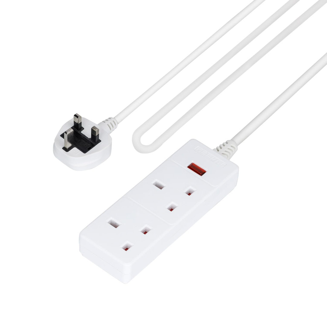 GEEPAS 2 Gang Extension Lead, 2M Cable | 2-Way Plug Extension Cable With Neon Indicator Light | Wall Mountable & Multi Socket Mains Strip For Home Bed