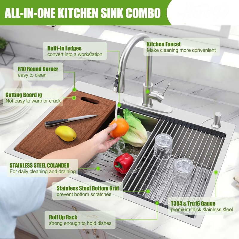 Ensemble d'évier de cuisine à cuve simple encastrable 33 po X 22 po tout-en-un avec robinet