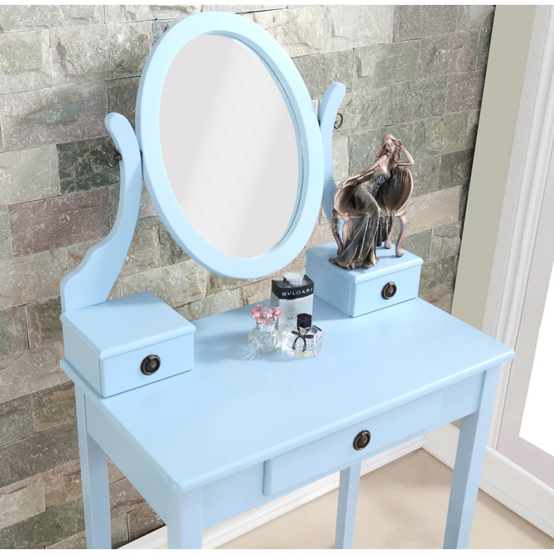Wood Makeup Vanity Table And Stool Set For Bedroom, Blue