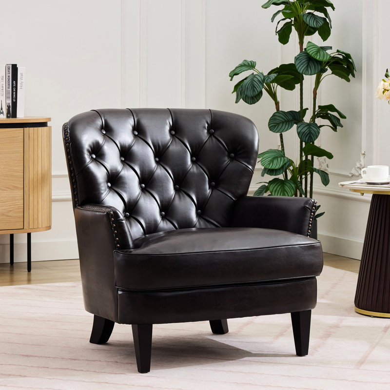 Fauteuil Relax avec garniture cloutée, pieds en bois massif, revêtement brun foncé, siège ergonomique confortable pour le dos et la détente
