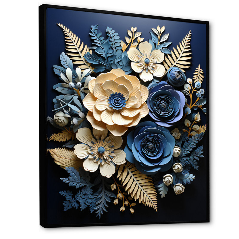 «Zavin Blue Ferns Indigo Tranquility Papercut II», reproduction sur toile, H 20 po x l 12 po x P 1 po, Cadre flottant noir