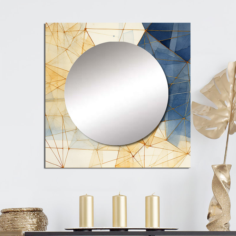 Feena - Miroir carré à formes abstraites minimaliste bleu et or II, 23 po x 23 po