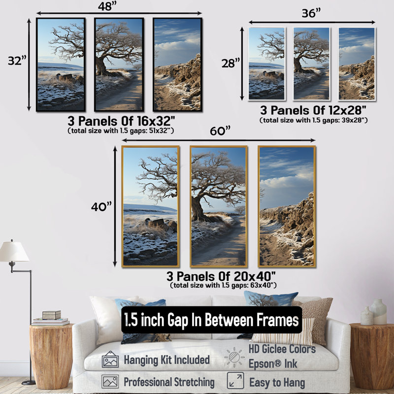 Paysage d'hiver de campagne - ensemble d'art mural sur toile campagne, Cadre flottant doré, H 28 po x l 36 po x P 1 po