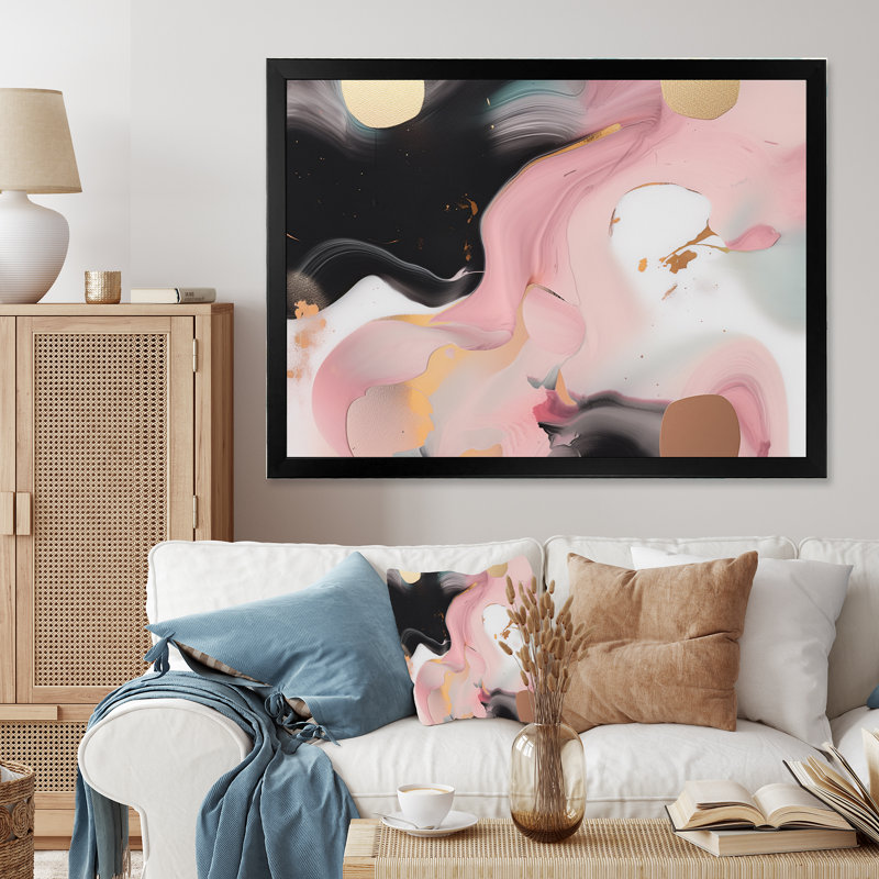 «Rose and Black Mysterious Marble I», reproductions d'art mural en marbre abstrait, Cadre photo noir