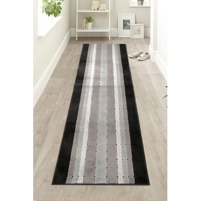 Tapis de couloir carrés noirs à taille moyenne et à motif en lin antidérapant