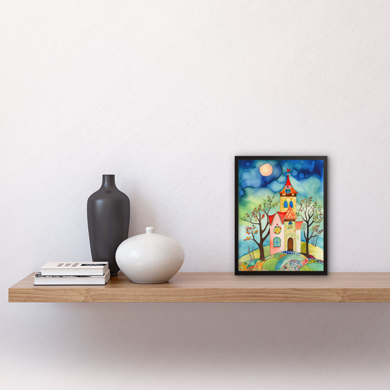 Countryside Chapel Folk Art Watercolour Painting Artwork Framed Wall Art Print 9X7 Inch