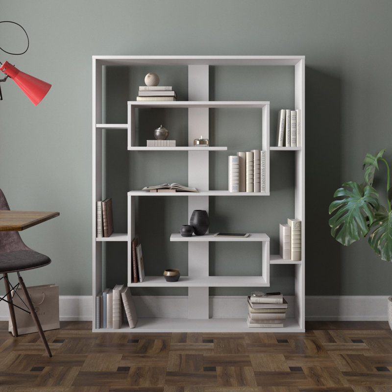 Bibliothèque moderne blanche avec de nombreuses tablettes, 47,2 x 61,4 x 8,7 pouces | 100% panneau de particules enduit de mélamine, épaisseur: 0,7 pouce | Conception murale pour un rangement supplémentaire, style géométrique élégant