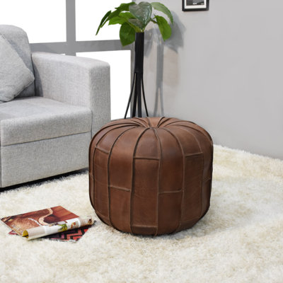 Pouf rond en cuir de buffle uni fait à la main 14 po x 14 po x 14 po (mousse recyclée avec rembourrage en fibre) couleur brune PF27A