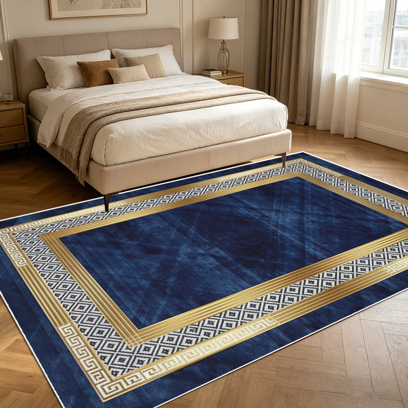 1PC luxury gold greek key geometric diamond navy blue area rugs, Soft and Comfortable, easy-to-maintain, machine washable Indoor floor mat, suitable for living room, bedroom, dining room, entryway, hallway, patio, porch, Home Decor, Outdoor Decor.