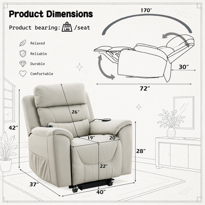 Fauteuil inclinable électrique Marsha en similicuir silicone gris pâle avec fonction de levage, massage et position zéro gravité pour un confort optimal