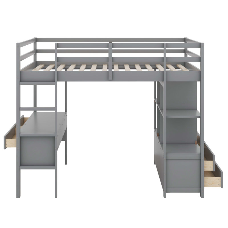 Lit mezzanine en bois massif robuste avec tiroirs de rangement intégrés et bibliothèque