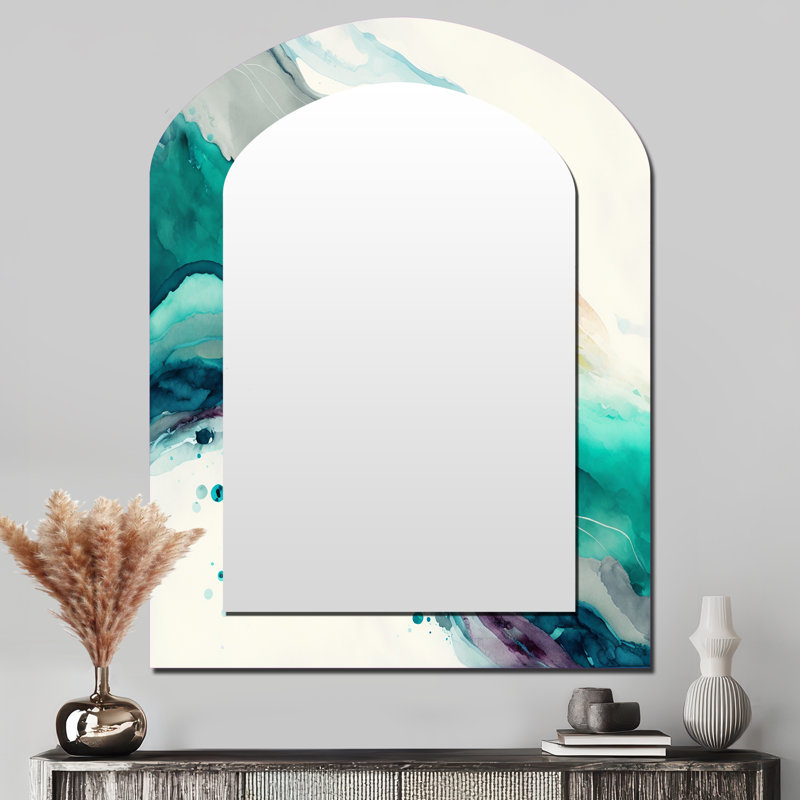 Celebrations In Turquoise Shades Of Blue II - Liquid Ink Arch Unique Mirror, Blue Asymmetrical Large Wall Mirror, Printed Metal Art