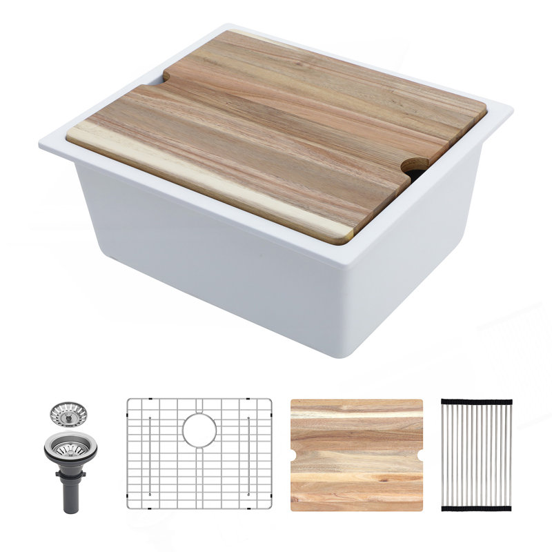Évier de cuisine encastré en quartz avec conception de poste de travail, durable, silencieux et facile à nettoyer., Blanc