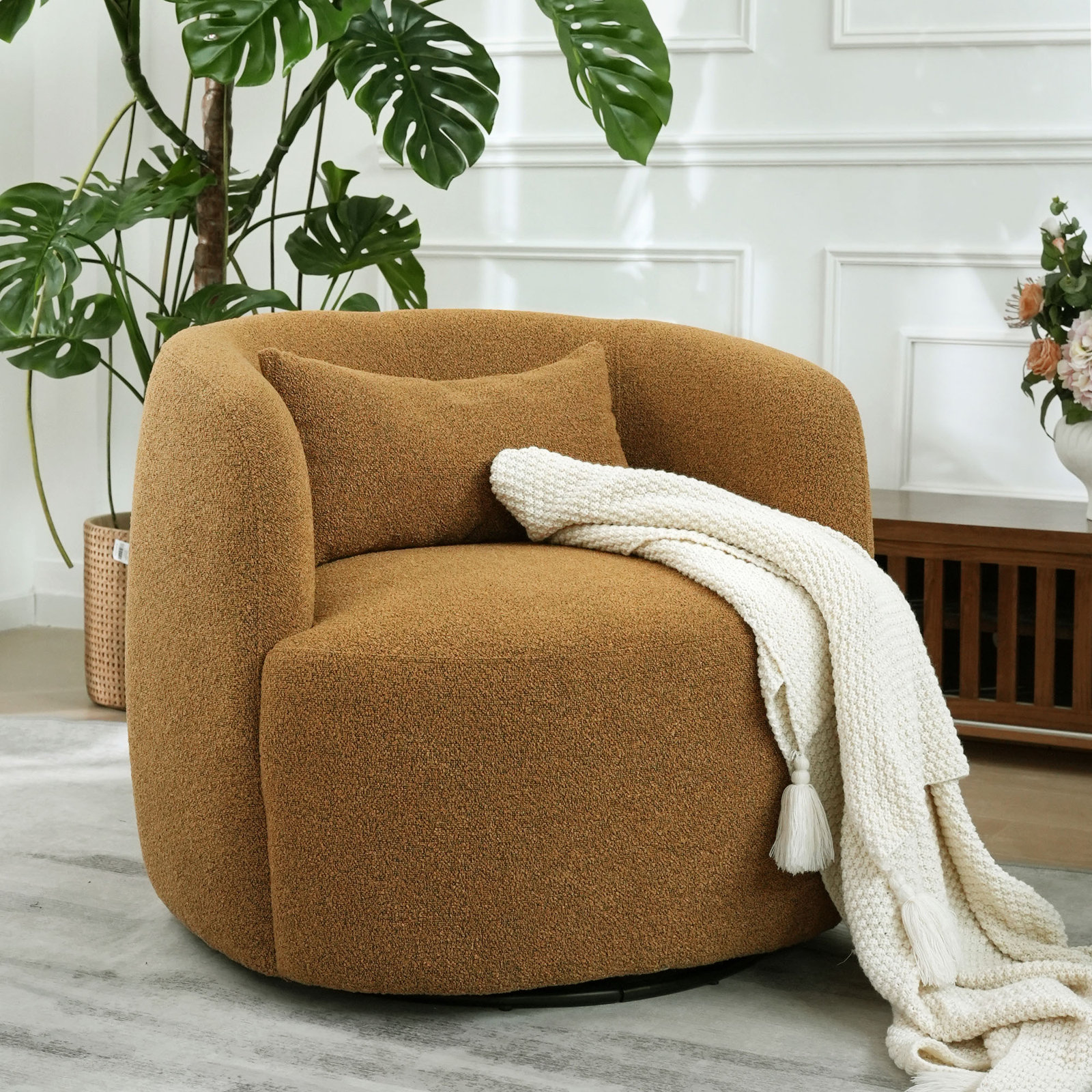 Aria Upholstered Swivel Armchair with Ottoman, Brown