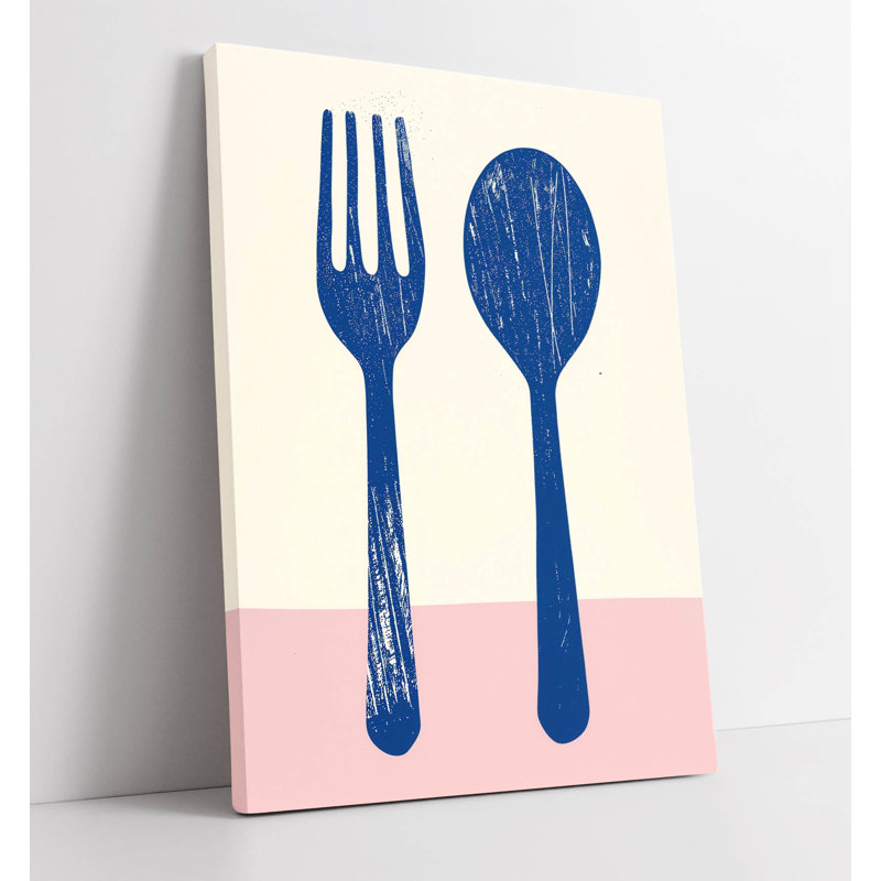 Fork & Spoon in Cobalt blue, pastel kitchen Canvas Wall Art Print Picture, 30.48cm H x 20.32cm W