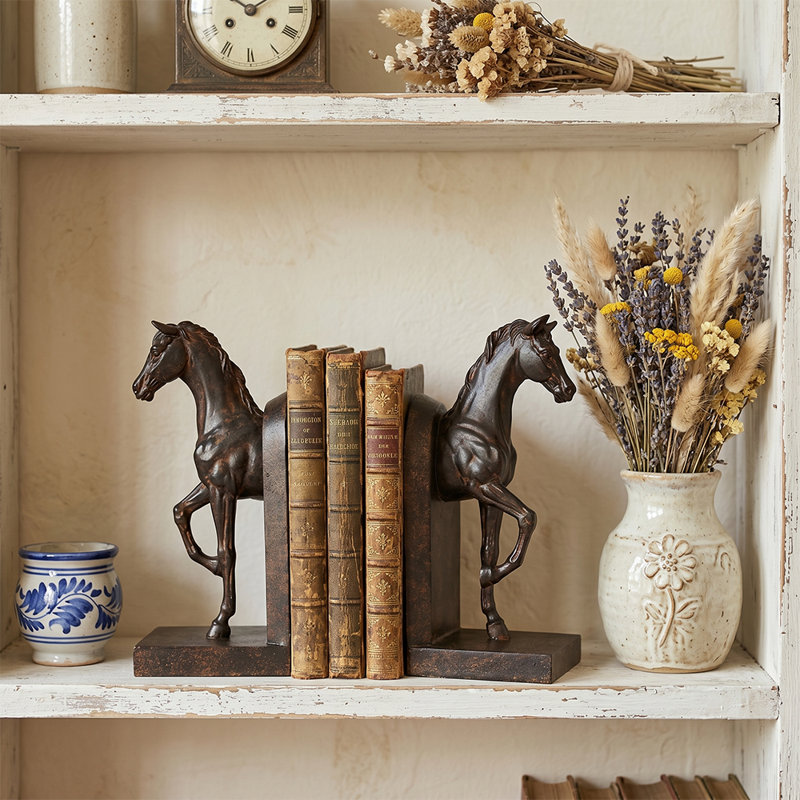 Serre-livres à cheval antique, serre-livres à tête de cheval en résine avec finition bronze antique pour bibliothèque et bureau personnel