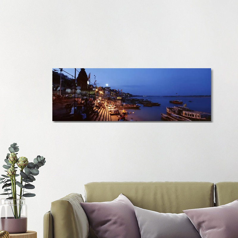 Ghat Along The Ganges At Night, Varanasi, Uttar Pradesh, India - Wrapped Canvas Panoramic Print