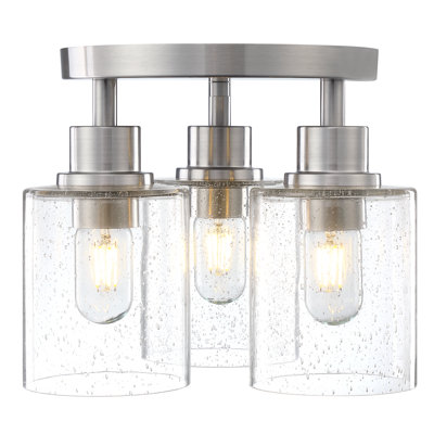 Plafonnier semi-encastré 3 lumières, luminaire de style campagne moderne en nickel brossé près du plafond, abat-jour en verre bullé industriel rétro pour cuisine, couloir, vestibule, 13 po