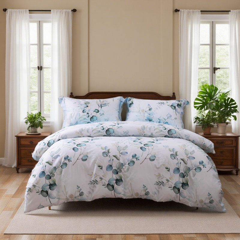 Lunaria 3-Piece Duvet Cover Set – 100% Long-Staple Cotton, Teal Leaf Gradient Print, Soft & Breathable