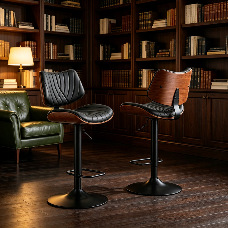 Ensemble de 2 tabourets de bar pivotants et réglables, en similicuir, hauteur comptoir, avec dossier et repose-pieds, style moderne pour la cuisine et le bar, noir.