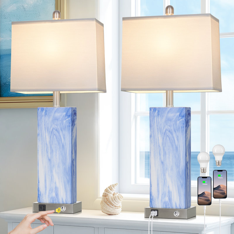 28" Coastal Blue Ceramic Dimmable Table Lamp With 3-way Touch Control, Usb & Type-c Ports