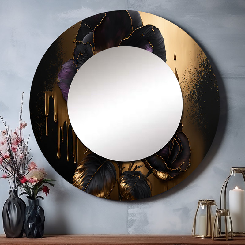 Shelvie noir et or Violets II - miroir décoratif violet, grand miroir mural rond traditionnel, impression d'art en métal
