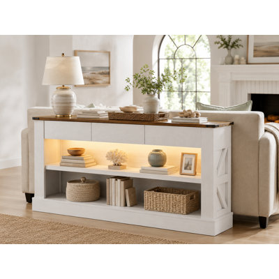 Console 63 po avec 3 lumières à DEL, 3 tiroirs et 2 tablettes ouvertes