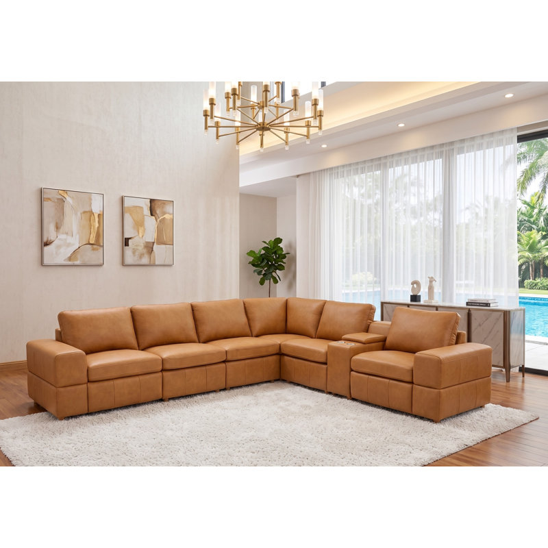 Thameskinsbury Leather Match Reclining Modular Sectional, Ginger Leather Match