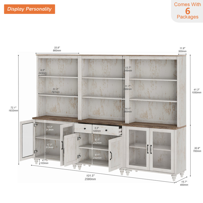 72.1"H X 101.6"W 3-Tier Bookcase With One Drawer And Three Cabinets, Set Of 3 Bookcases Farmhouse Bookshelves For Living Room Bedroom Home Office Kitchen, Rustic White