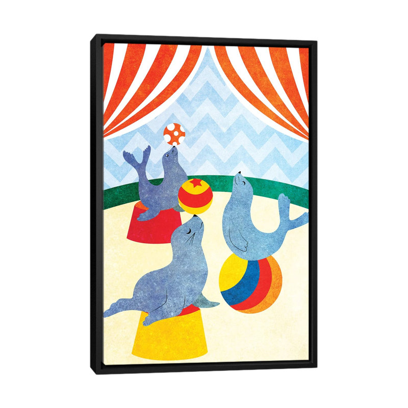 Éléphants et phoques, étape II - impression d'art graphique, Pas de tapis, H 60 po x l 40po x P 1,5 po, Toile avec cadre noir