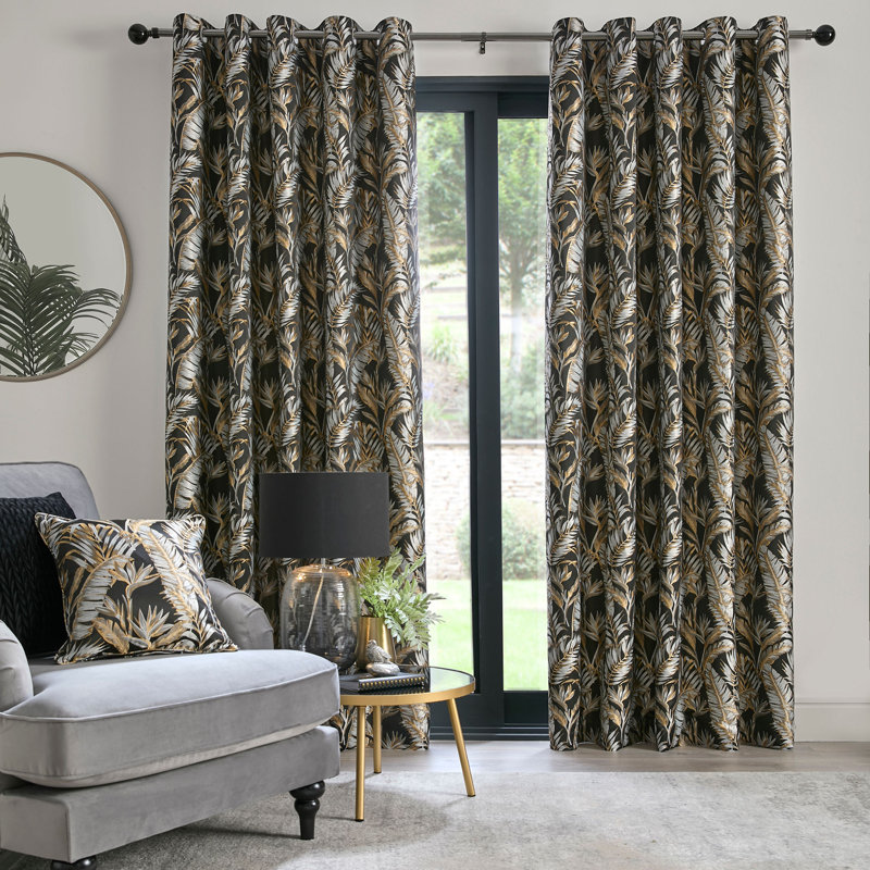 Paradise Palm 100% Polyester Pair of Eyelet Curtains, Black, Width 168 x Drop 229 cm