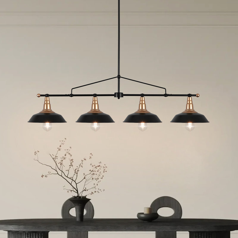4-light Industrial Linear Black Gold Bowl-shaped  Chandelier Modern Metal Kitchen Island Lights For Dining Room