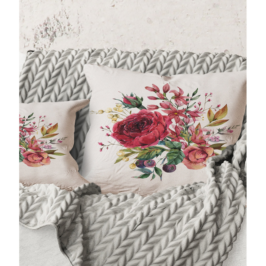 Square,Vintage Burgundy Rose And Wildflowers - Farmhouse Printed Throw Pillow Design Art